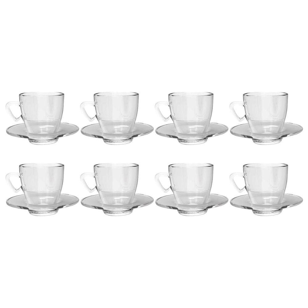 Xícaras Chá e Café Vidro 220mL Transparente C/ Pires - 8un