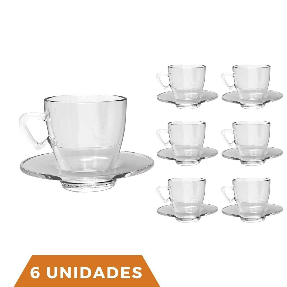 Kit 6 Xícaras Chá e Café C/ Pires Vidro 220mL Transparente