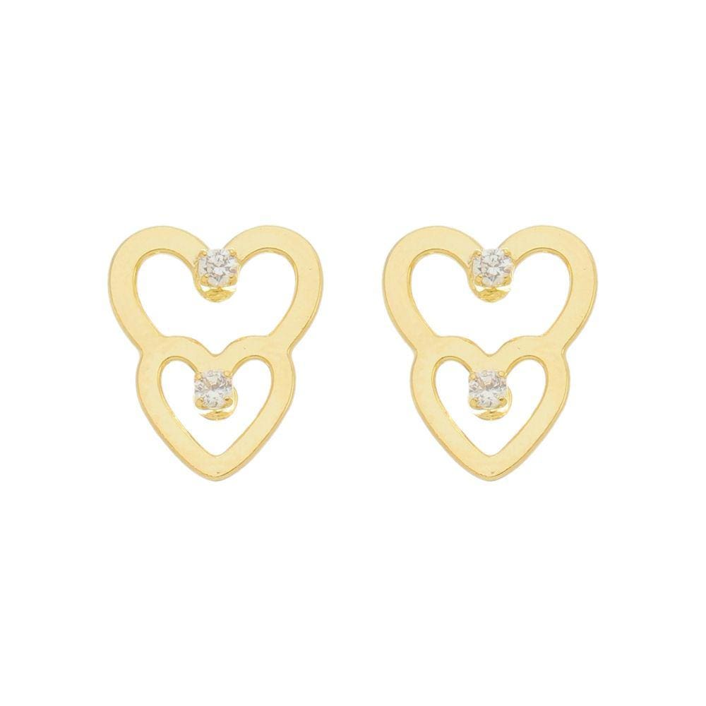Brinco Coração Duplo com Zircônia Folheado em Ouro 18K