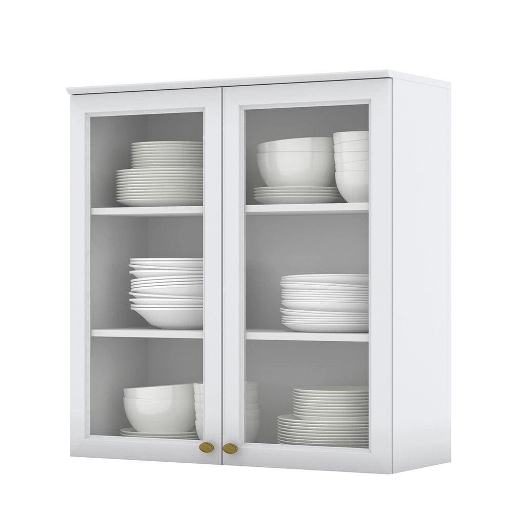 Armário Aéreo 02 Portas de Vidro 80cm Americana Branco Henn
