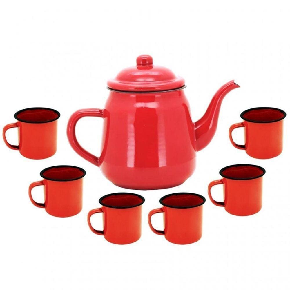 Kit Agata Esmaltada Vermelho Com 1 Bule 1 Litro E 6 Canecas