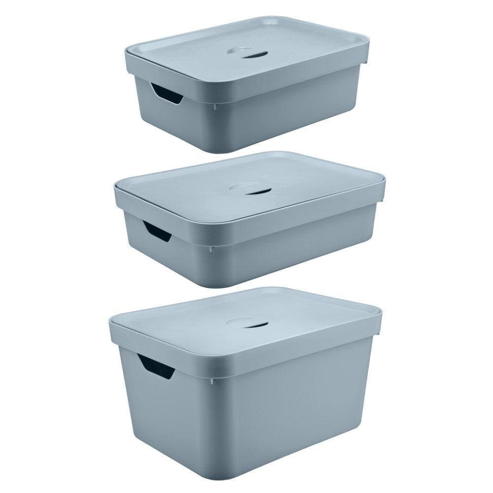 Kit De Caixa Organizadora Cube Com Tampa Azul Glacial 03 Peças