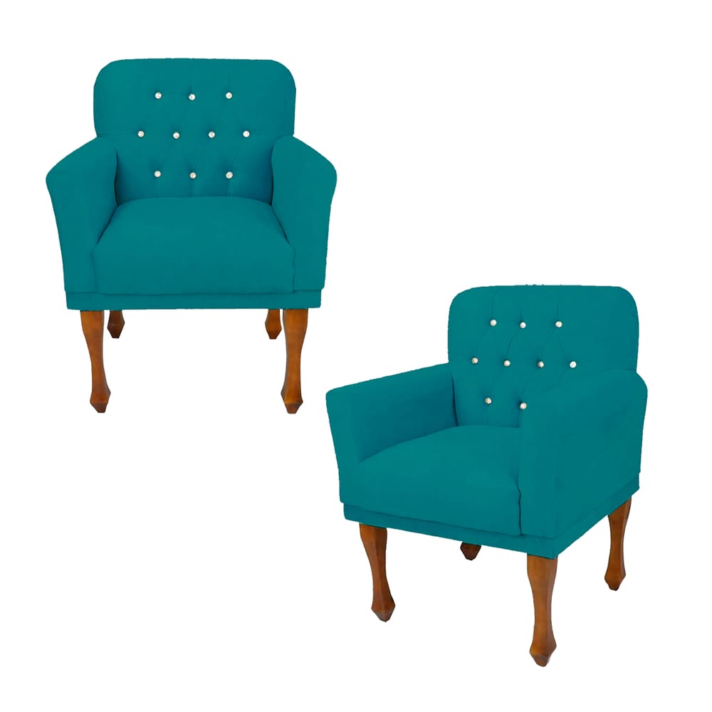 Jogo 2 Cadeira Poltrona Decorativa Sala Quarto Closet Anitta Suede Azul Turquesa LM DECOR