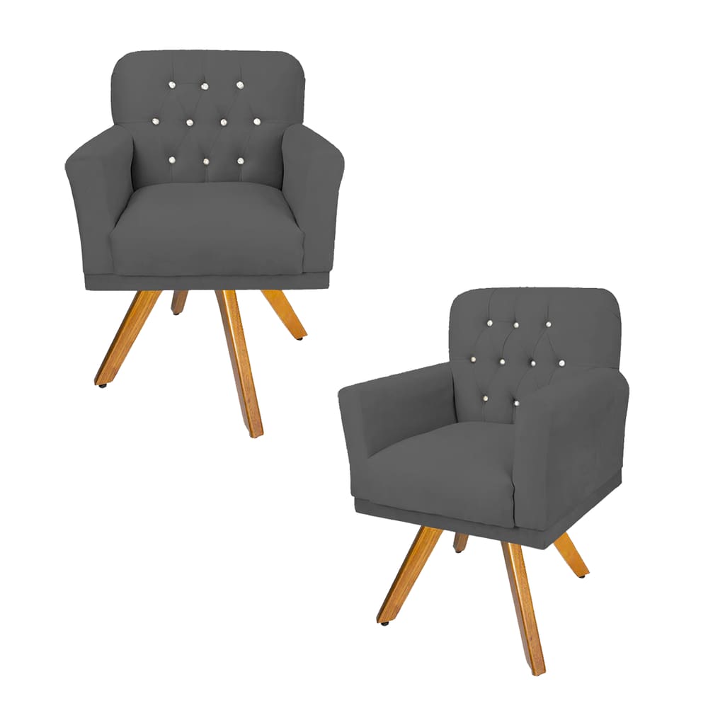 Jogo 2 Poltronas Estofadas Base Giratória de Madeira Clínica Anitta Suede Cinza LM DECOR