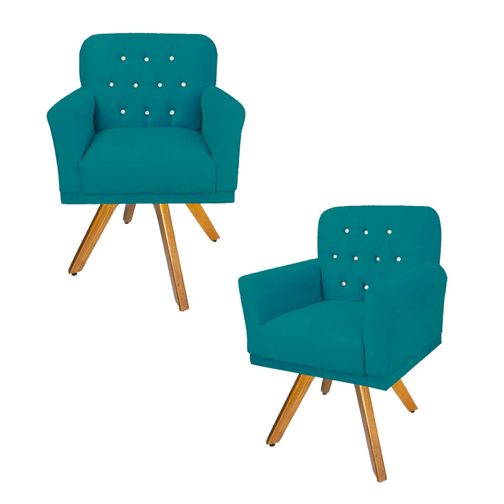 Combo 2 Poltronas Estofadas Base Giratória de Madeira Salão Anitta Suede Azul Turquesa LM DECOR