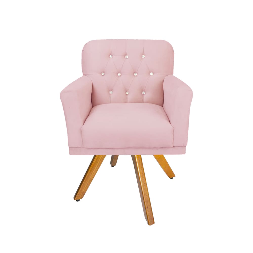 Poltrona Decorativa Estofada Com Base Giratória de Madeira Anitta Corano Rosa Bebe LM DECOR