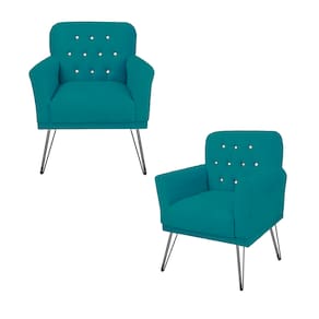 Conjunto 2 Poltronas Estofada Para Escritório Pés de Ferro Anitta Suede Azul Turquesa - LM DECOR