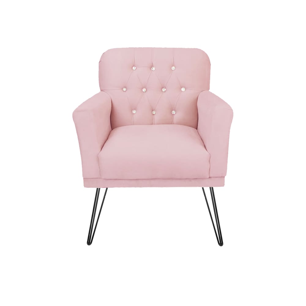 Poltrona Estofada Para Salão de Beleza Pés de Ferro Anitta Suede Rosa Bebe - LM DECOR