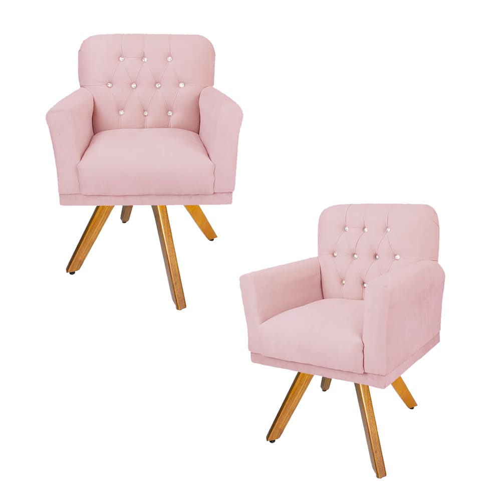 Conjunto 2 Poltronas Decorativas Base Giratória de Madeira Sala Anitta Suede Rosa Bebe LM DECOR