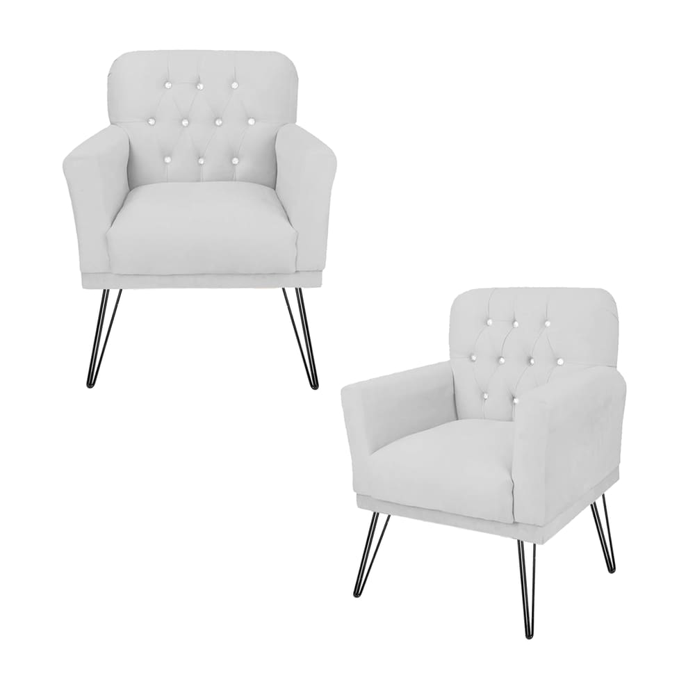 Conjunto 2 Poltronas Estofada Para Escritório Pés de Ferro Anitta Suede Branco - LM DECOR
