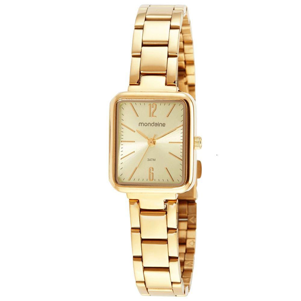 Relógio MONDAINE retangular dourado feminino 32377LPMVDE1