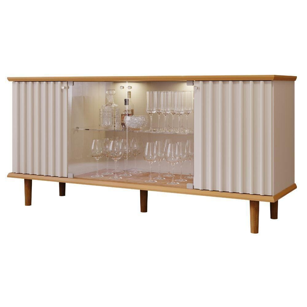 Aparador Buffet 2 Portas Ripada e 2 Vidro Temperado Led Pés Em Madeira Janice Cimol Nature/Off White
