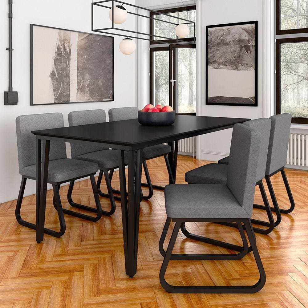 Mesa Com 6 Cadeiras Industrial 1,8 Aspen Pr/pr/cinz - Móveis Arapongas
