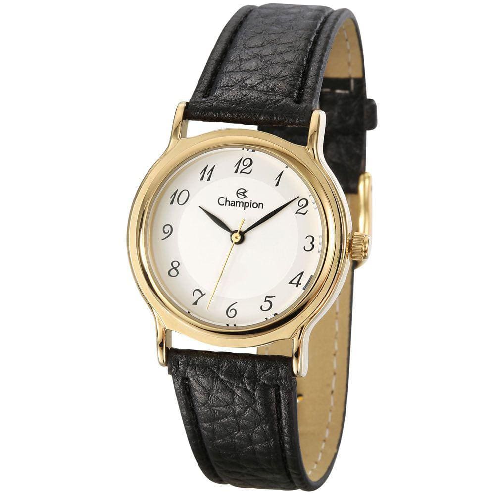 Relógio CHAMPION feminino dourado couro preto CN28026B