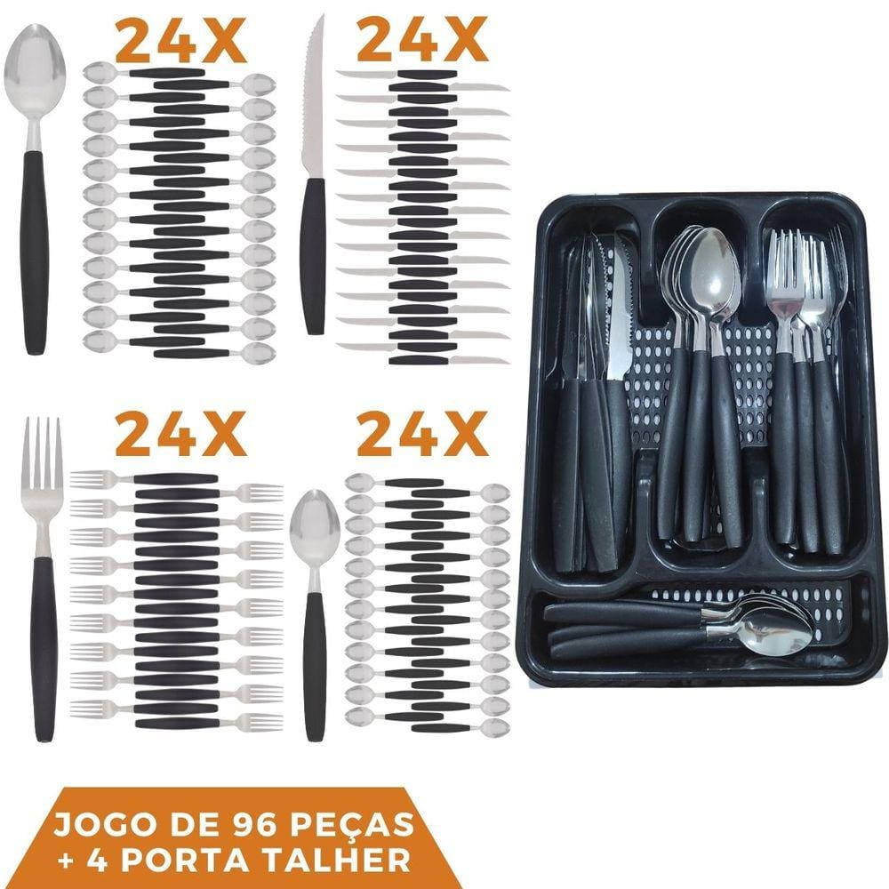 Faqueiro 96 Pçs Aço Inox C/ 4 Porta Talheres Berlim Preto