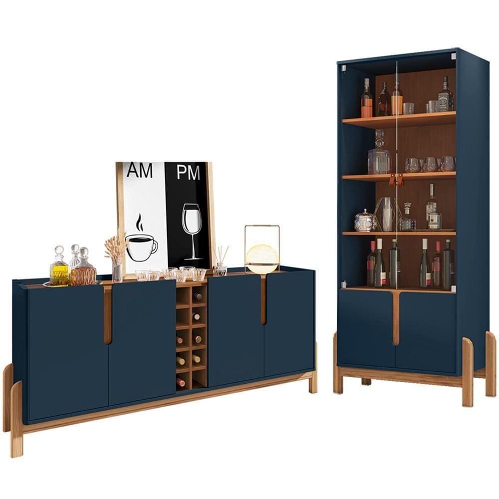 Buffet 190cm Adega 050520 E Cristaleira 4 Portas 50519 Azul Cobalto Cedro Dcasa Azul Cobalto Cedro