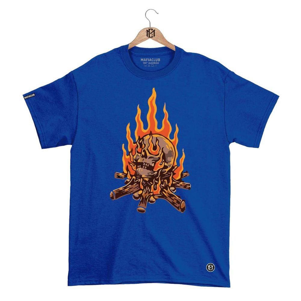 Camiseta Mafiaclub Gola Redonda Estampa CAVEIRA FOGO Streetwear fio 30.1 Penteado
