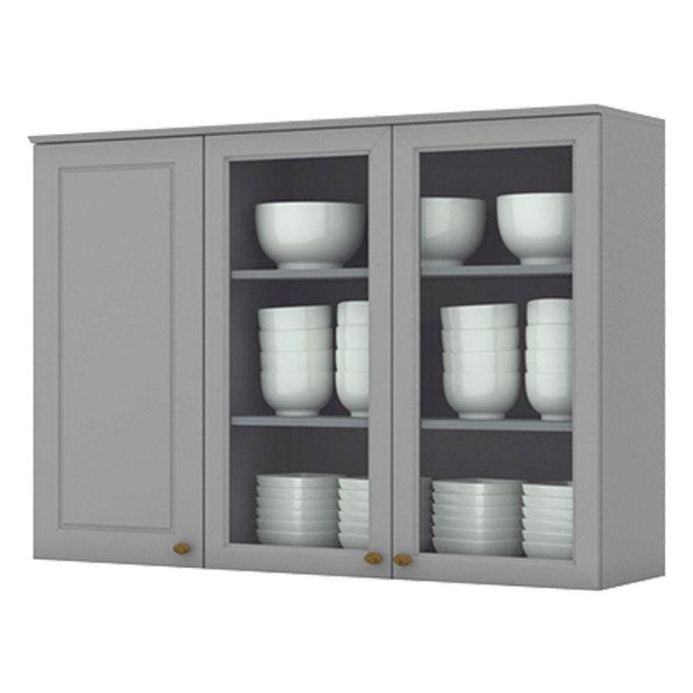 Armário Aéreo 3 Portas com Vidro 120 cm Americana Cinza - Henn