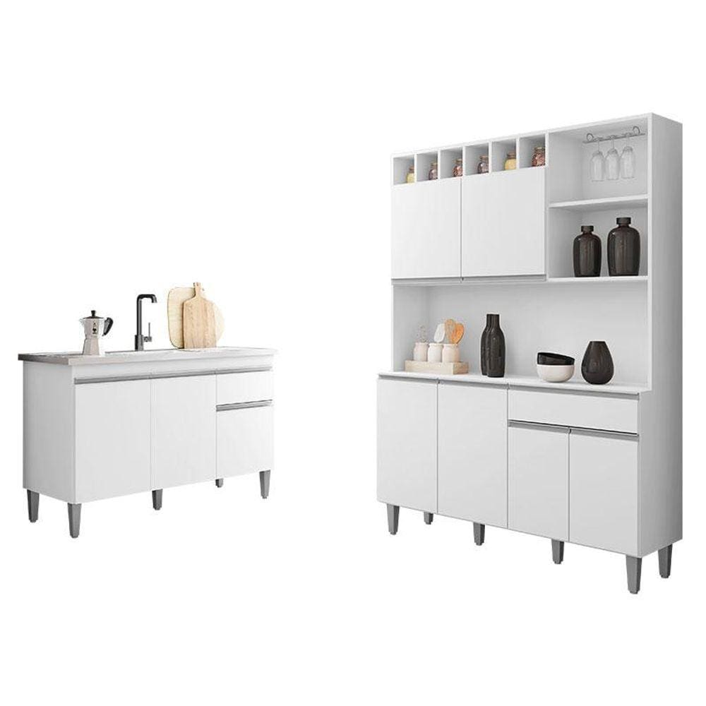 Balcão de Pia Tatiane 120 cm e Armário Cozinha Kit Alice Branco Brilho - AJL
