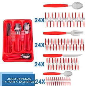 Faqueiro 96 Pçs C/ 4 Porta Talheres Vermelho Aço Inox Berlim