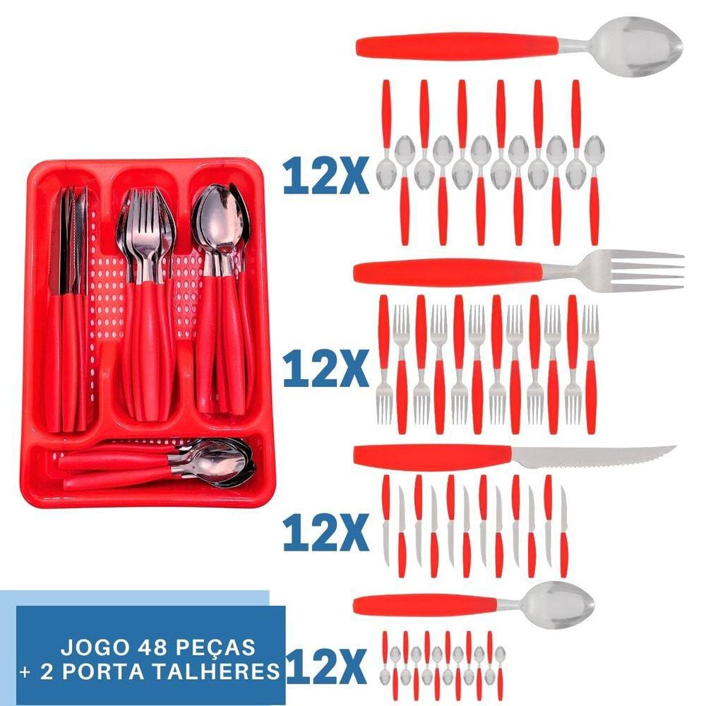 Faqueiro 48 Pçs C/ 2 Porta Talheres Vermelho Aço Inox Berlim