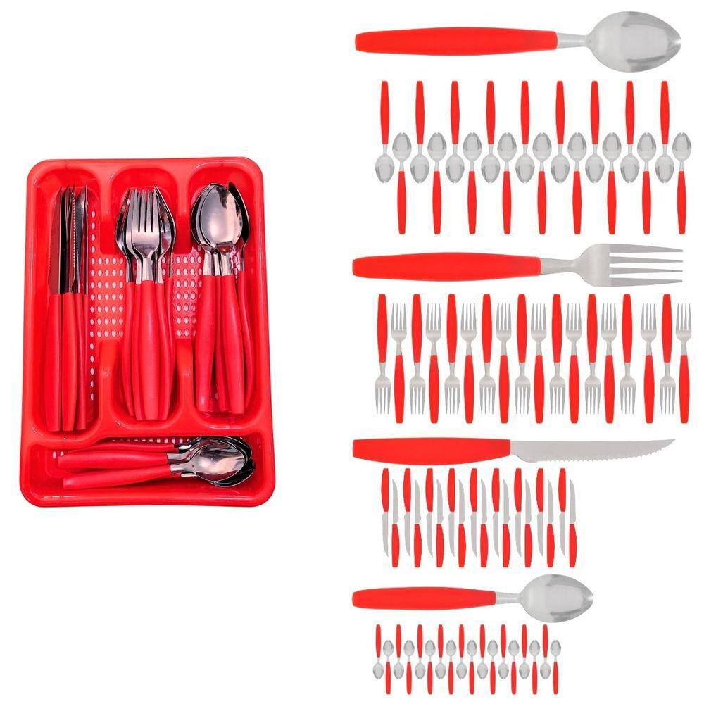 Kit Faqueiro Inox Berlim 72 Pçs C/ 3 Porta Talheres Vermelho