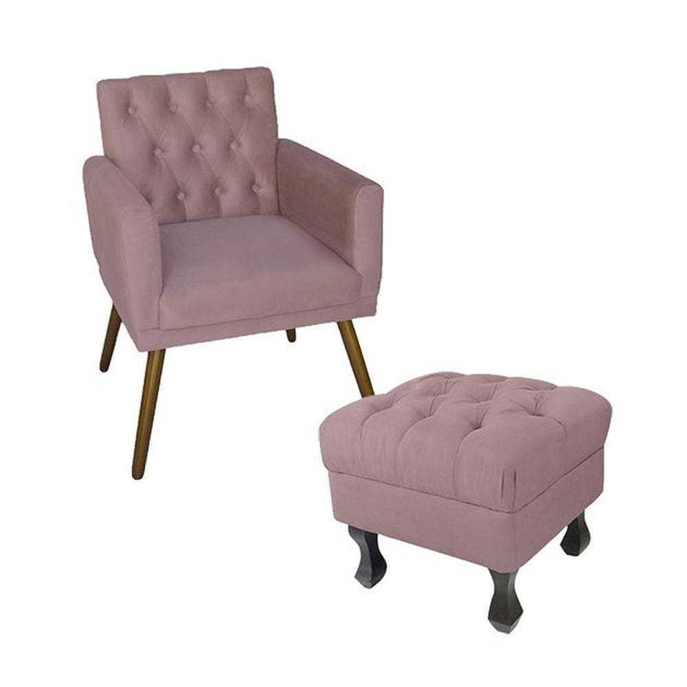 Kit Poltrona Emilia E Puff Retrô Para Sala Quarto Suede Rosê - LM DECOR