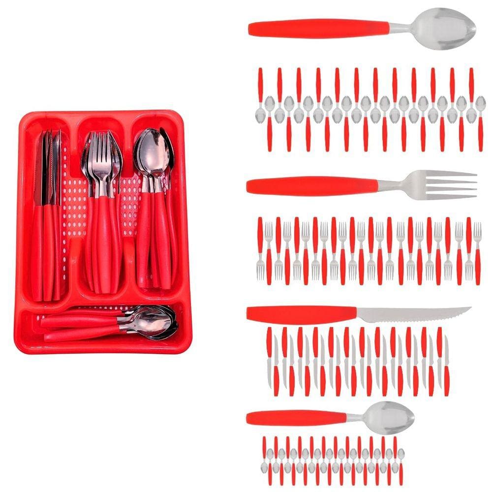 Kit Faqueiro Inox Berlim 96 Pçs C/ 4 Porta Talheres Vermelho