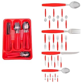 Kit Faqueiro Inox Berlim 24 Pçs C/ 1 Porta Talheres Vermelho