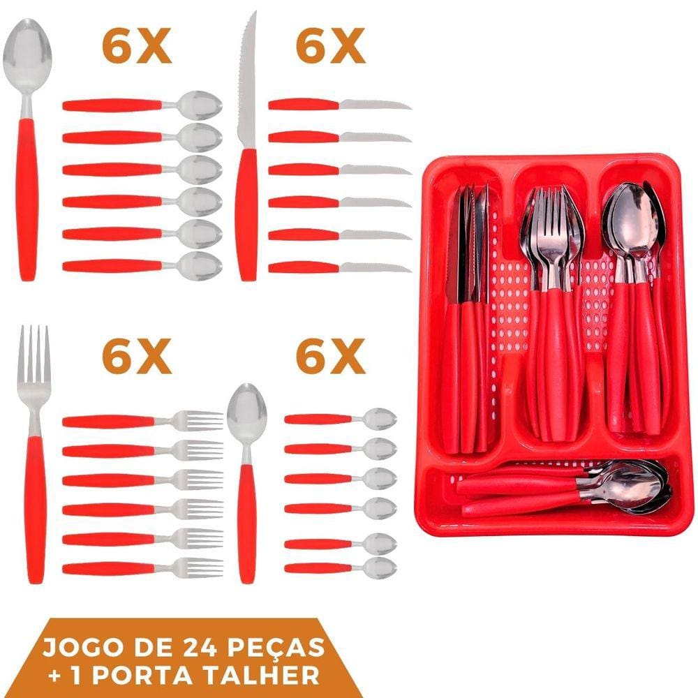 Faqueiro 24 Pçs Aço Inox C/ 1 Porta Talheres Berlim Vermelho