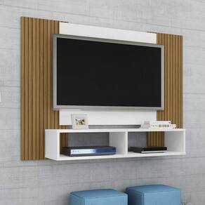 Painel TV até 48" Polegadas 2 Nichos Canela Ripado/Branco Móveis Bechara Navi 90x120x28