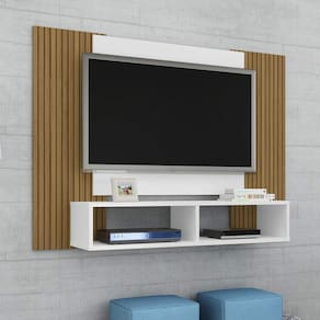 Painel TV até 48" Polegadas 2 Nichos Canela Ripado/Branco Móveis Bechara Navi 90x120x28
