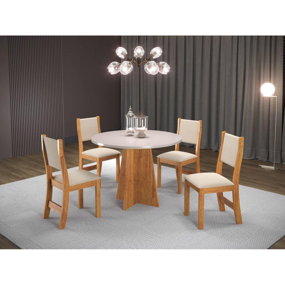 Conjunto Sala de Jantar Mesa Chilli 90cm Tampo Redondo com 4 Cadeiras Sol Viero Mel/Blonde/Bege