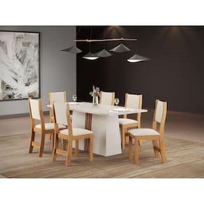 Conjunto Sala de Jantar Mesa Jordania com 6 Cadeiras Sol Viero Off White/Blonde/Mel/Bege