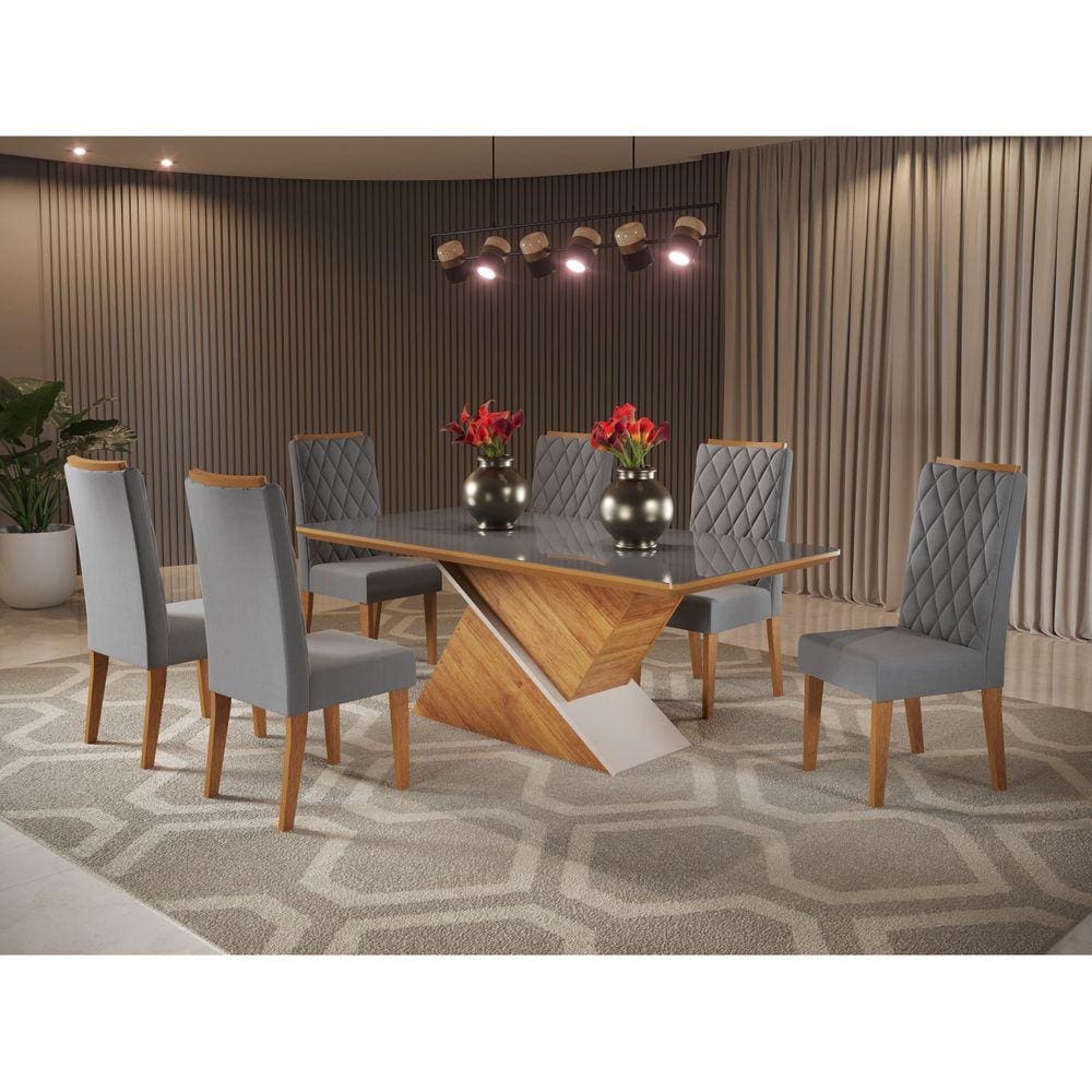 Conjunto Sala de Jantar Mesa Epic Tampo Vidro/MDF com 6 Cadeiras Iza Viero Mel/Cinza/Grafite