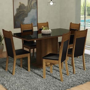 Conjunto Sala de Jantar Mesa Tampo de Vidro 6 Cadeiras Preto/Rustic Francine Madesa