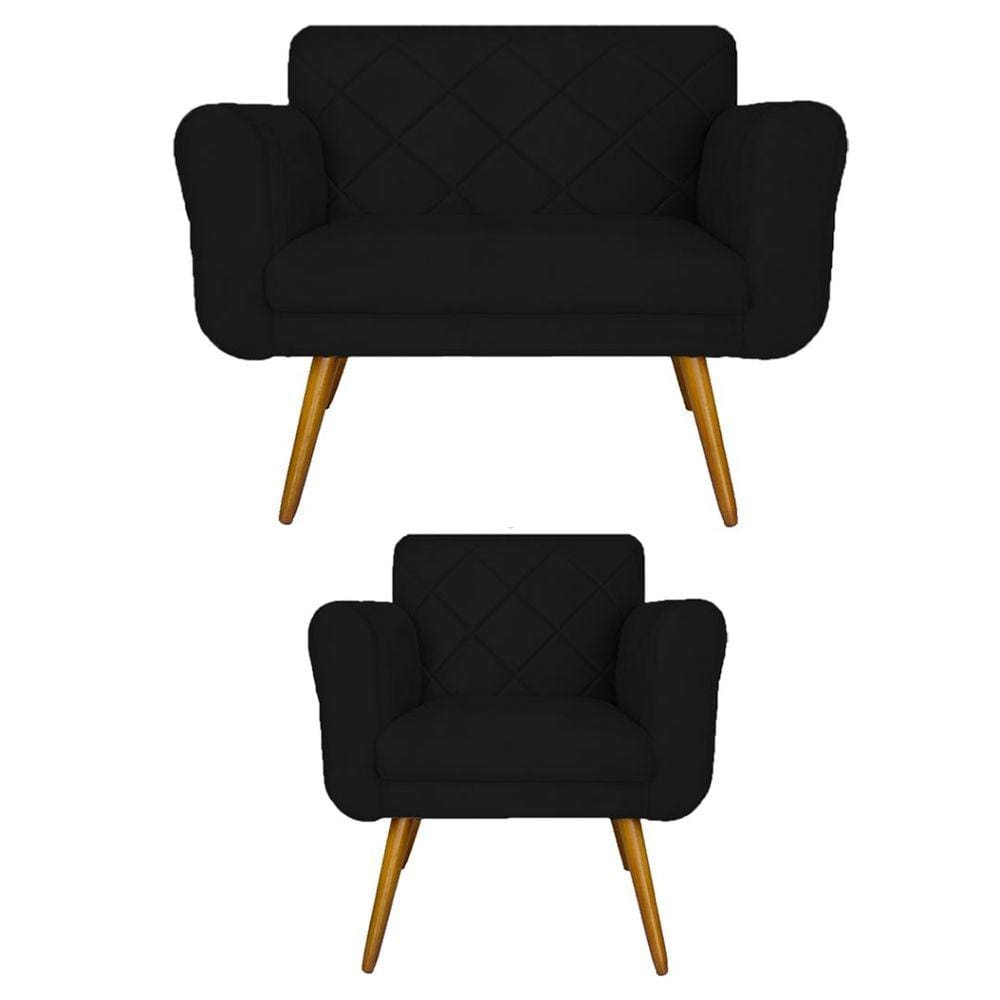 Conjunto Namoradeira e 1 Poltrona Isabella Sala de Estar Suede Preto - LM DECOR