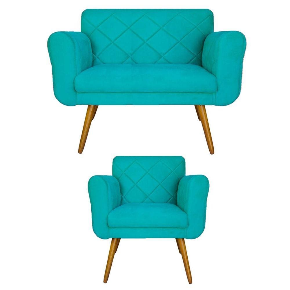 Conjunto Namoradeira e 1 Poltrona Isabella Sala de Estar Suede Azul Turquesa - LM DECOR
