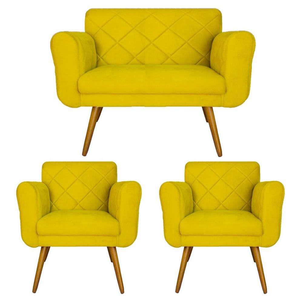 Combo Namoradeira e 2 Poltrona Decorativa Para Escritório Isabella Corano Amarelo - LM DECOR
