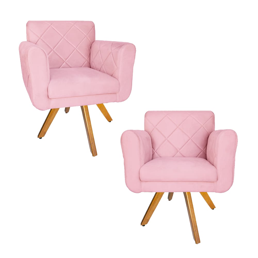 Kit 2 Poltrona Estofada Base Giratória De Madeira Sala Isabella Corano Rosa Bebe - LM DECOR