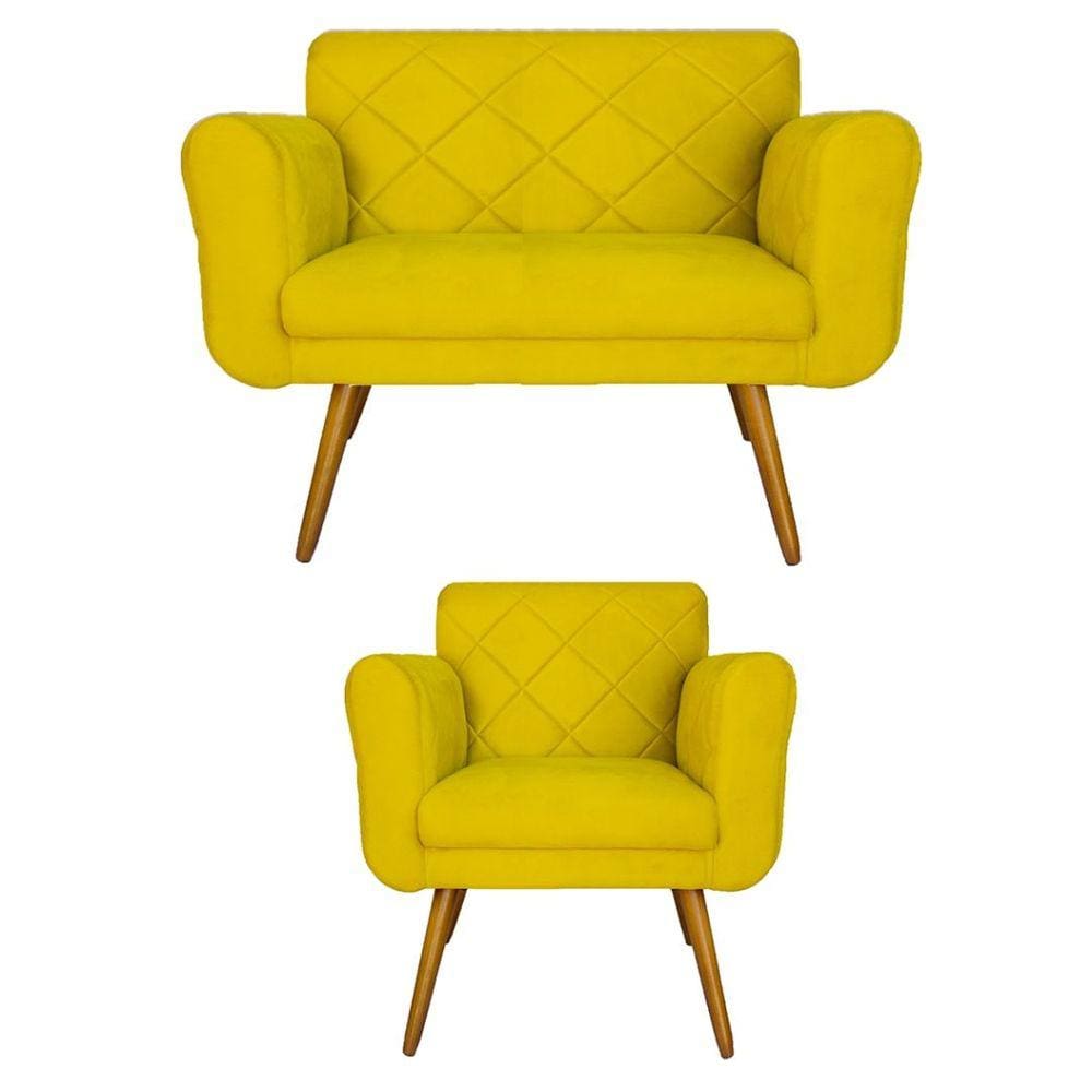 Conjunto Namoradeira e 1 Poltrona Isabella Sala de Estar Suede Amarelo - LM DECOR