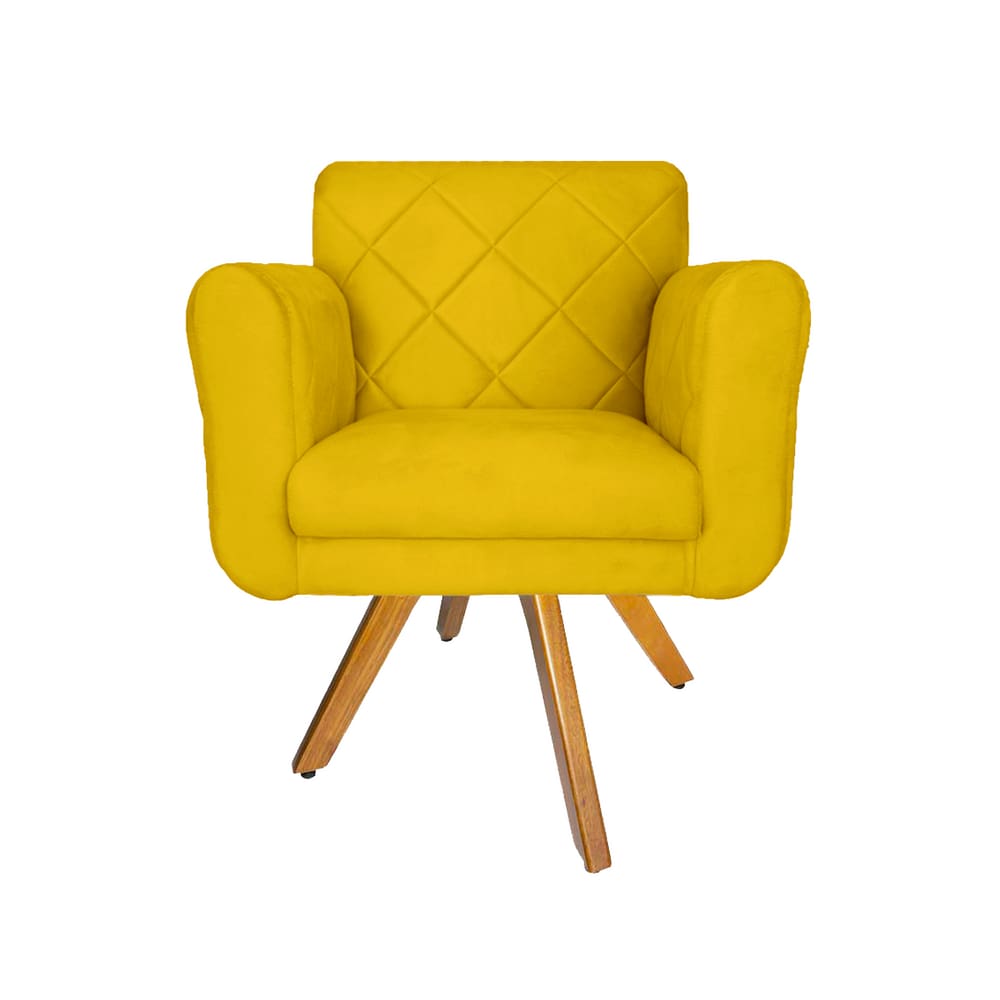 Poltrona Estofada Com Base Giratória De Madeira Sala Isabella Corano Amarelo - LM DECOR