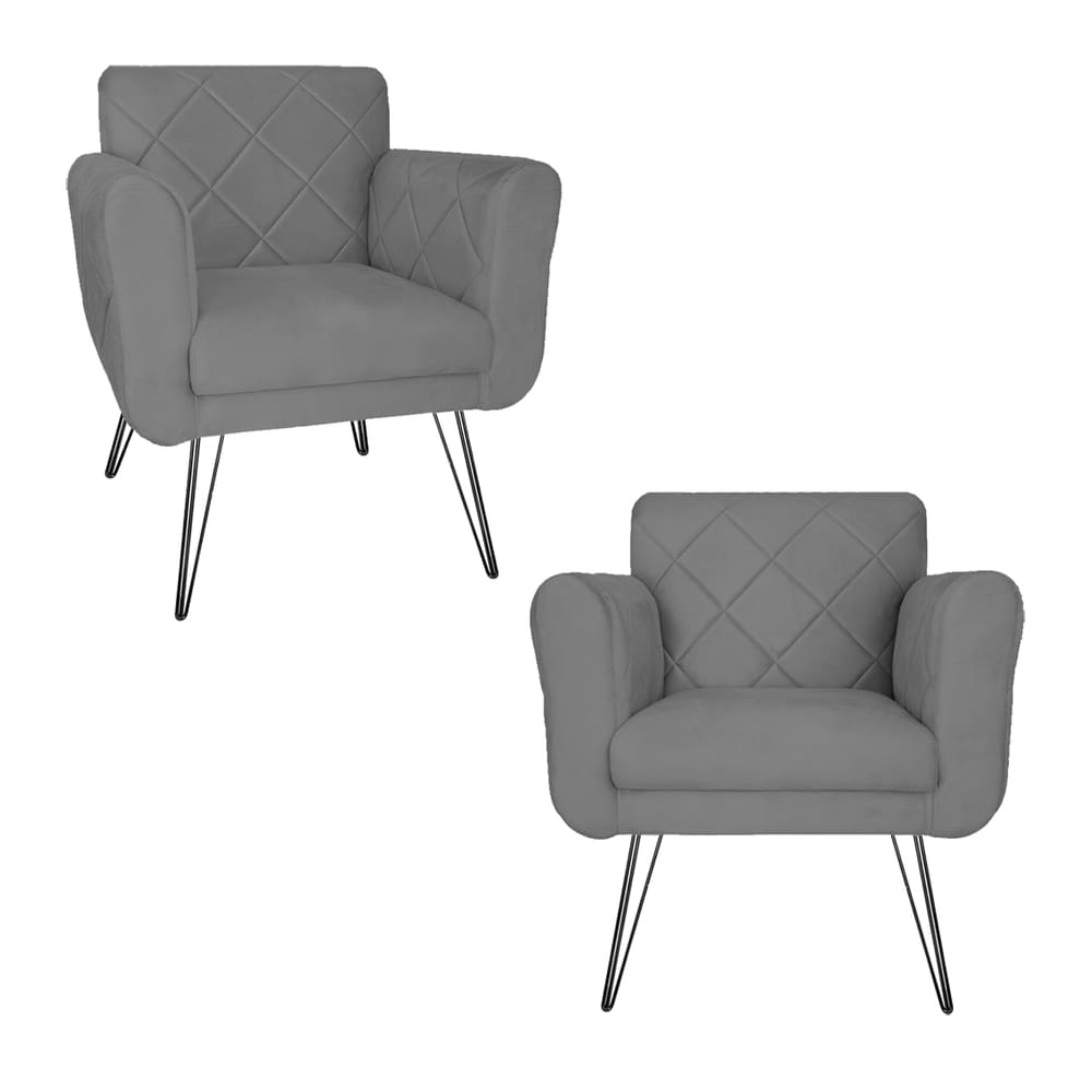 Kit 2 Poltronas Decorativas Para Quarto Closet Pés de Ferro Isabella Suede Cinza - LM DECOR