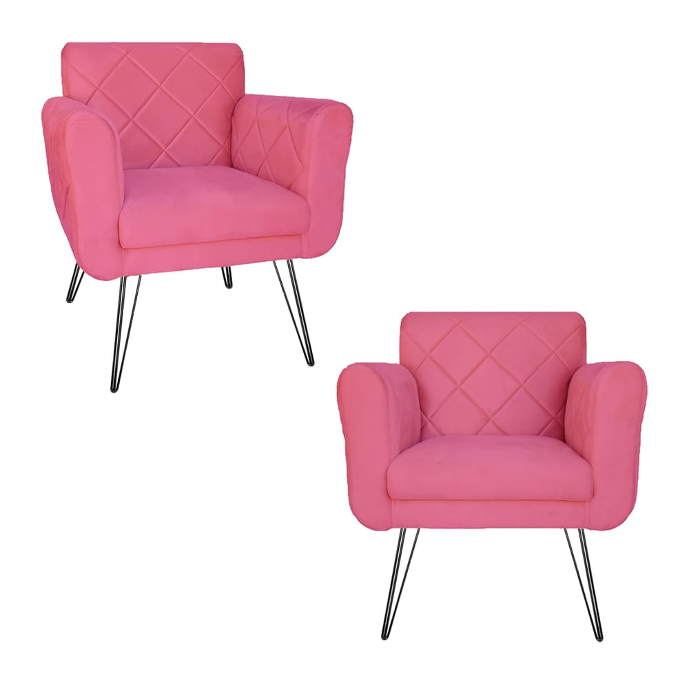 Kit 2 Poltronas Decorativas Para Quarto Closet Pés de Ferro Isabella Suede Rosa Barbie - LM DECOR