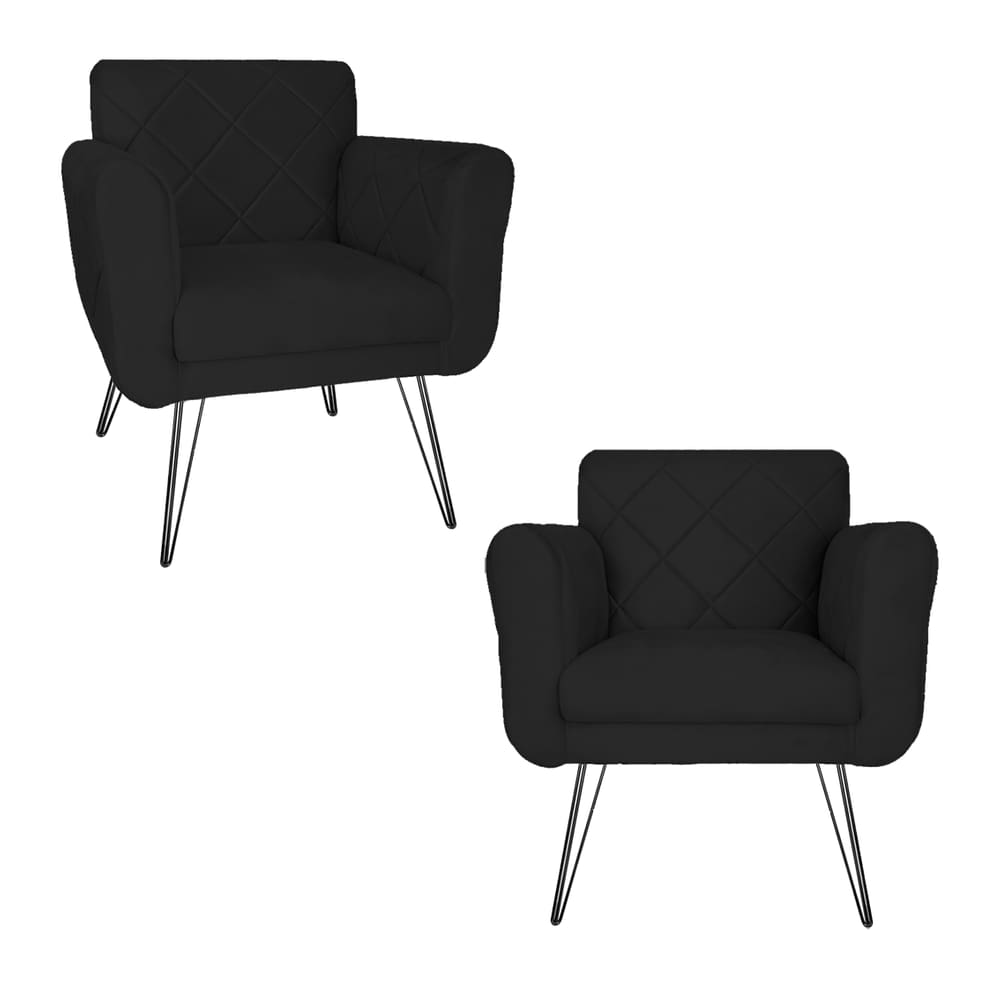 Kit 2 Poltronas Decorativas Para Quarto Closet Pés de Ferro Isabella Suede Preto - LM DECOR