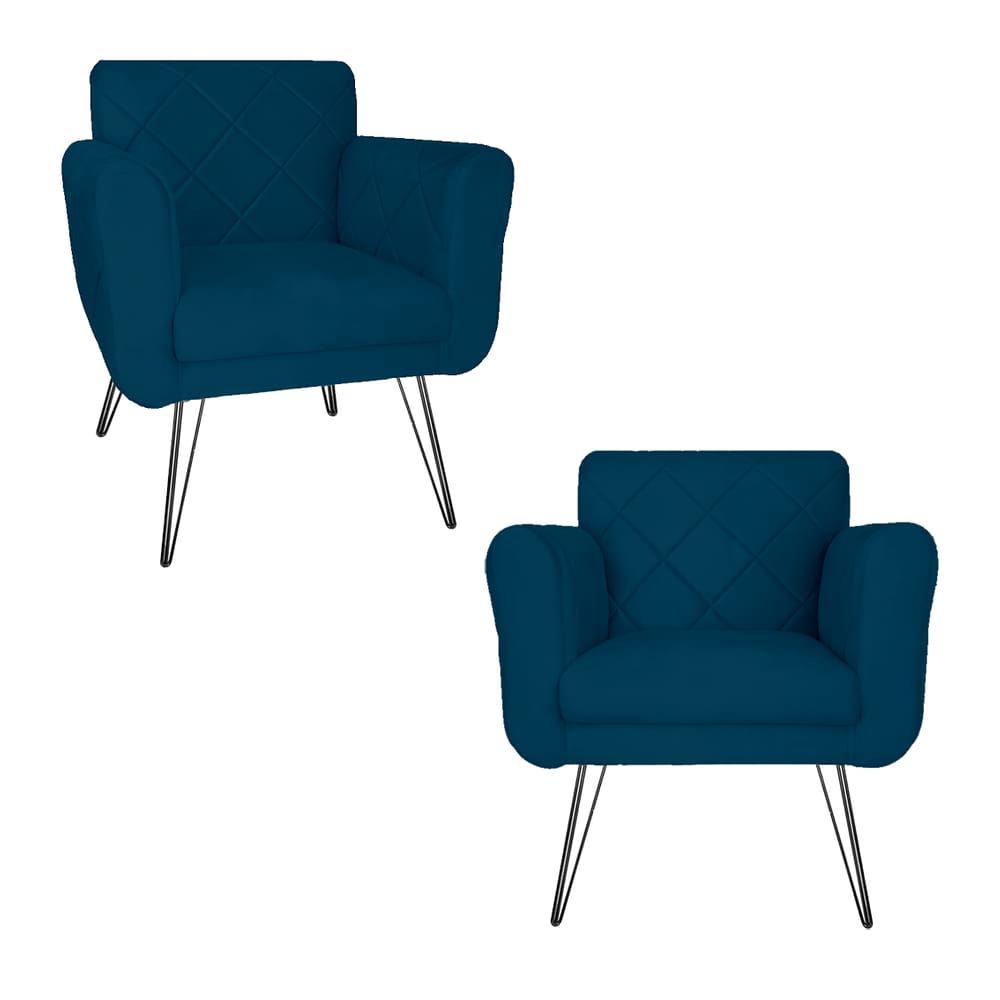 Kit 2 Poltronas Decorativas Para Quarto Closet Pés de Ferro Isabella Suede Azul Marinho - LM DECOR