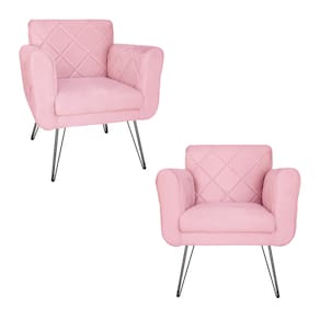 Jogo 2 Poltronas Decorativas Para Escritório Pés de Ferro Isabella Corano Rosa Bebe - LM DECOR