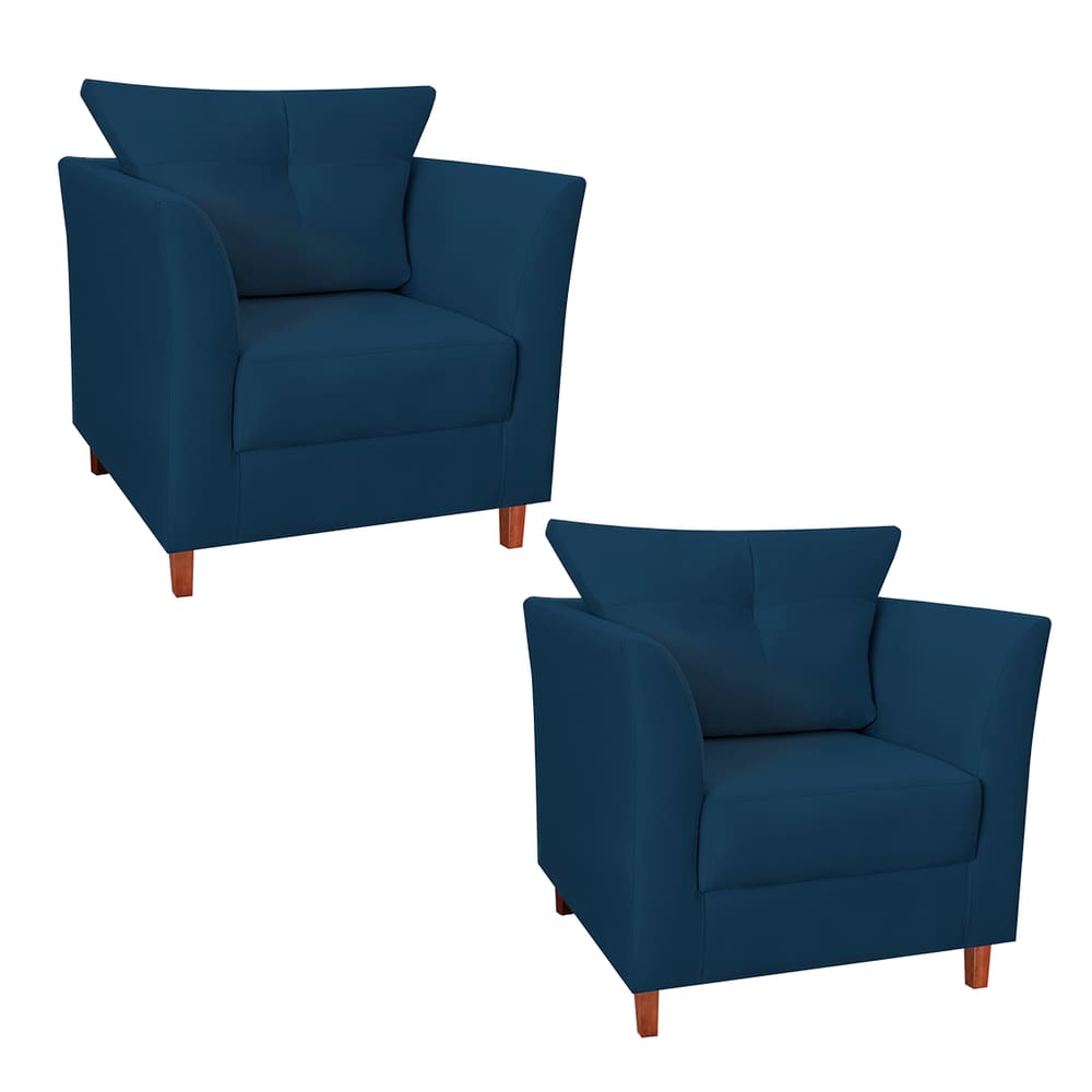 Kit 02 Poltrona Estofada Com Almofada Isis Recepção Consultório Suede Azul Marinho - LM DECOR