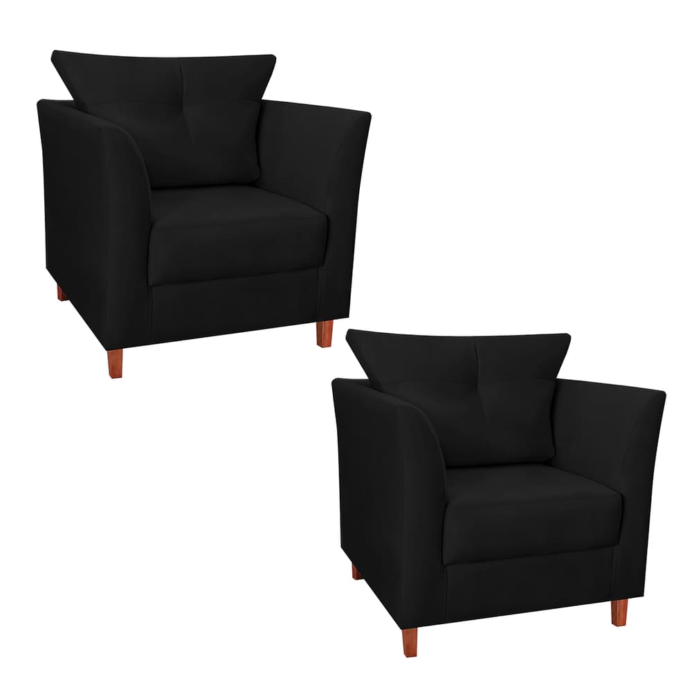 Jogo 02 Poltrona Estofada Com Almofada Isis Recepção Consultório Suede Preto - LM DECOR