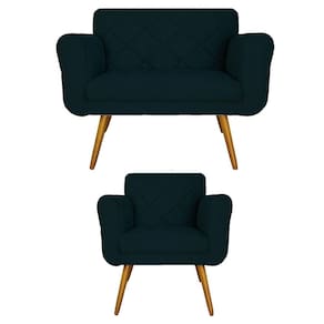 Jogo Namoradeira e 1 Poltrona Estofada Salão de Beleza Isabella Suede Azul Marinho - LM DECOR